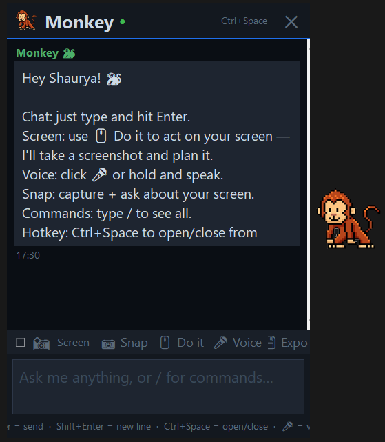 Monkey's chat window with a pixel-art monkey mascot, screen-capture tools, and voice input